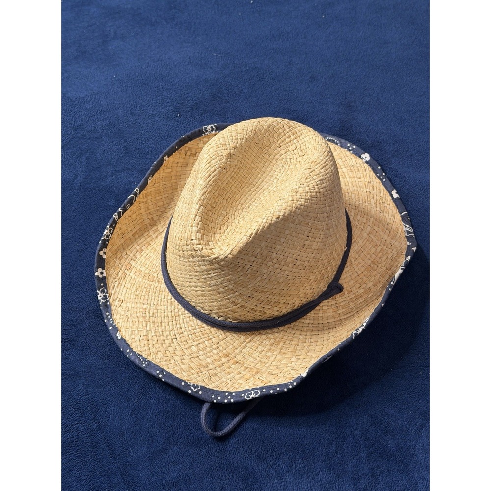 Vtg Kindercaps Natural Straw Cowboy Hat Navy Bandana Fabric Brim Mens OSFM
